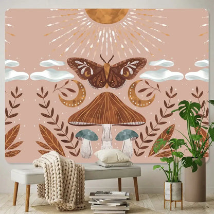 Bohemian home art tapestry pink moth and mushroom bedroom blanket