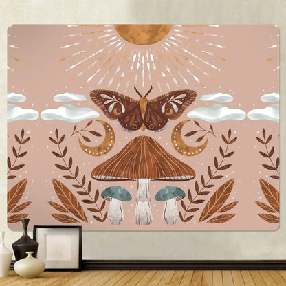 Bohemian home art tapestry pink moth and mushroom bedroom blanket