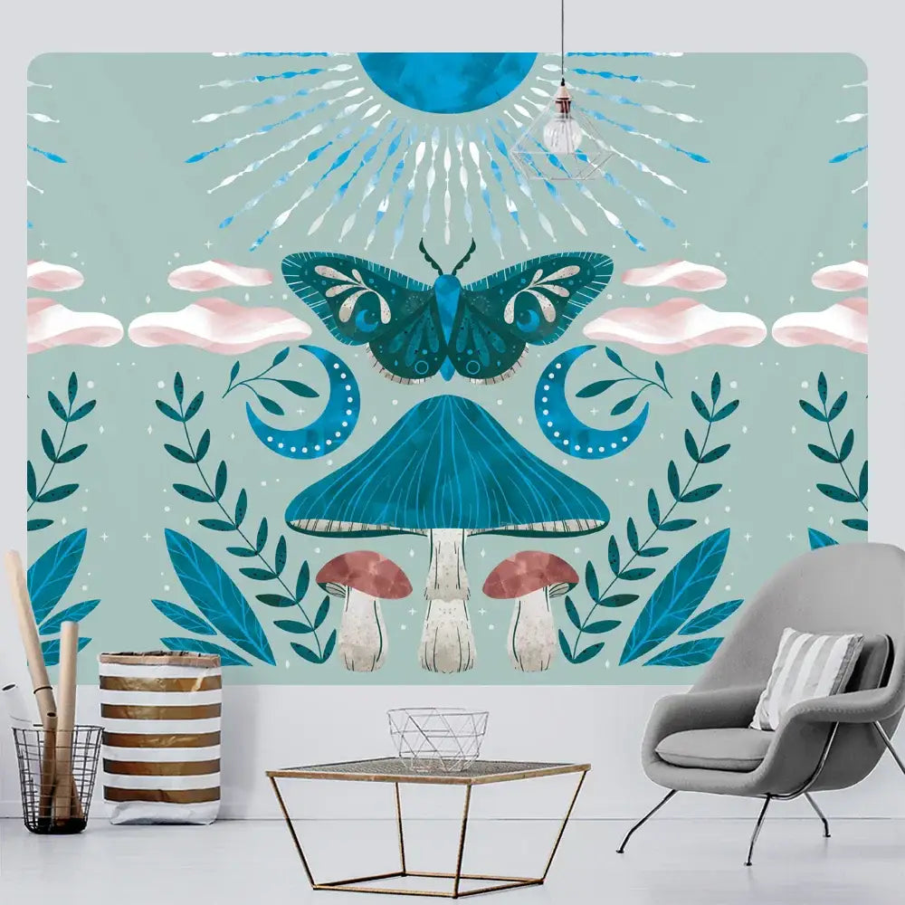 Bohemian home art tapestry pink moth and mushroom bedroom blanket