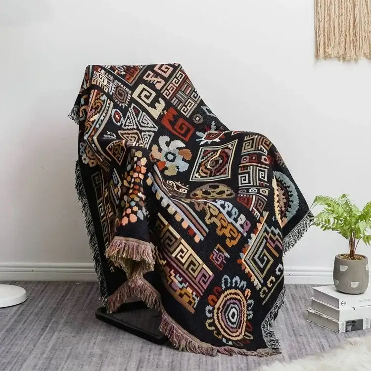Bohemian jacquard throw blanket black & red living room bedspread