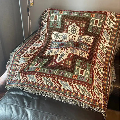 Bohemian knit throw blanket red & blue geometric living room decor