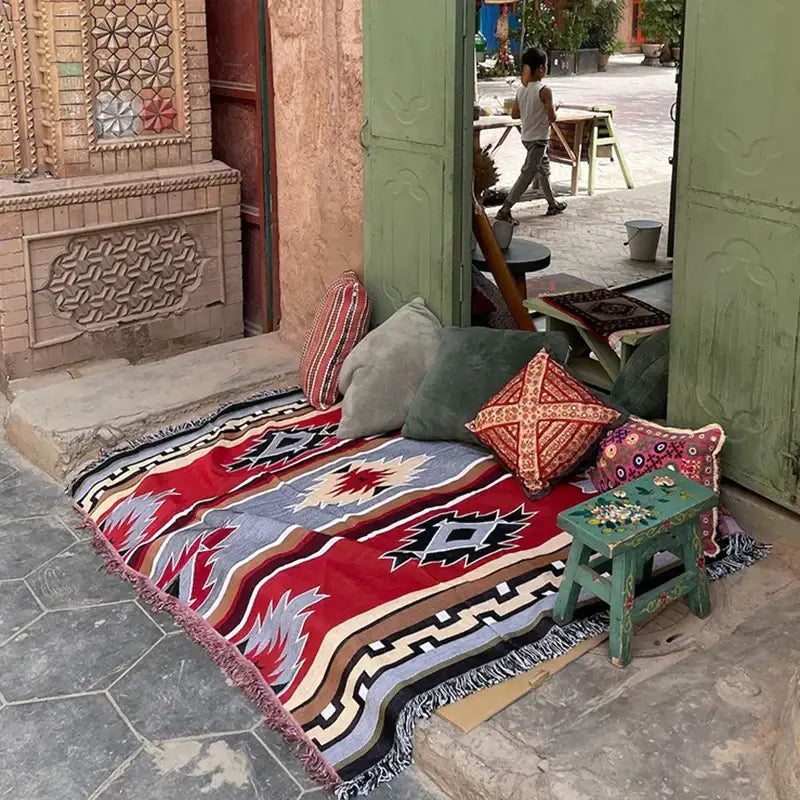 Bohemian knit throw blanket red & blue geometric living room decor