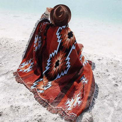 Bohemian knit throw blanket red & blue geometric living room decor