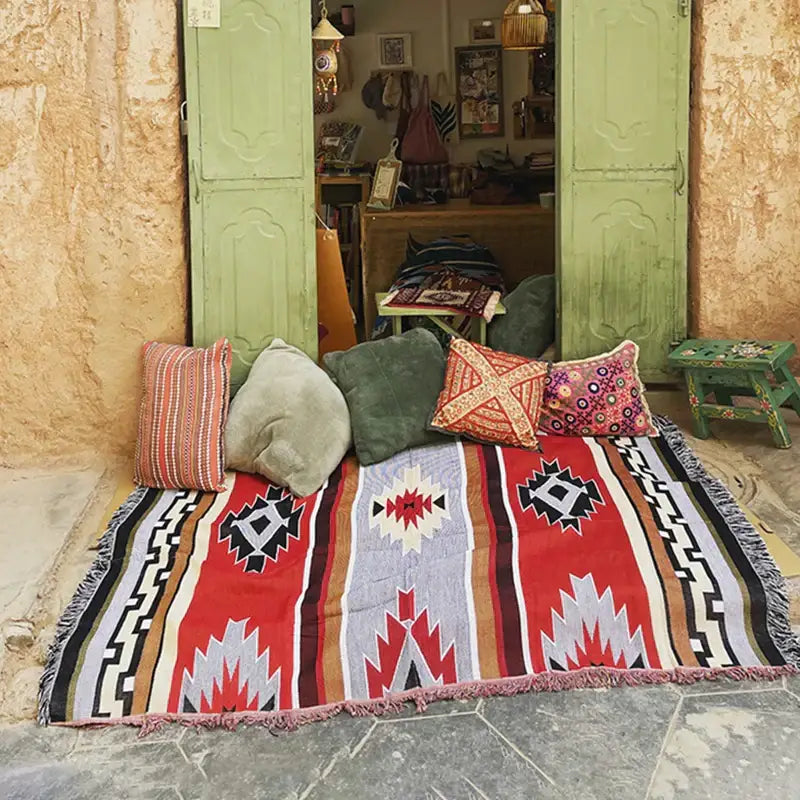Bohemian knit throw blanket red & blue geometric living room decor
