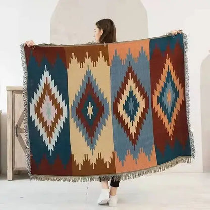 Bohemian knit throw blanket red & blue geometric living room decor