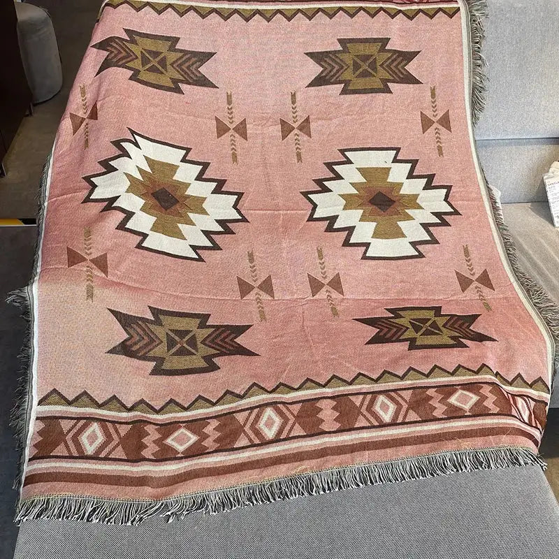 Bohemian knit throw blanket red & blue geometric living room decor