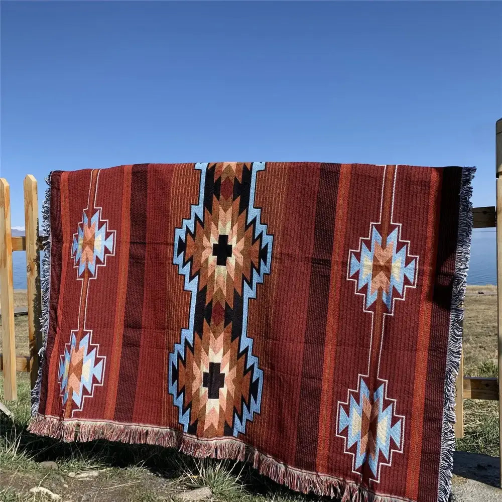 Bohemian knit throw blanket red & blue geometric living room decor