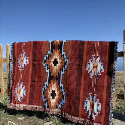 Bohemian knit throw blanket red & blue geometric living room decor
