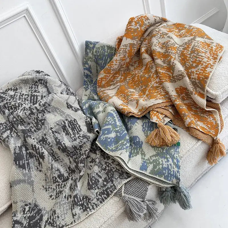 Bohemian knitted blanket earthy tones bedroom throw with tassels