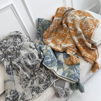 Bohemian knitted blanket earthy tones bedroom throw with tassels