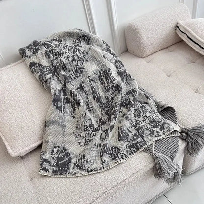 Bohemian knitted blanket earthy tones bedroom throw with tassels