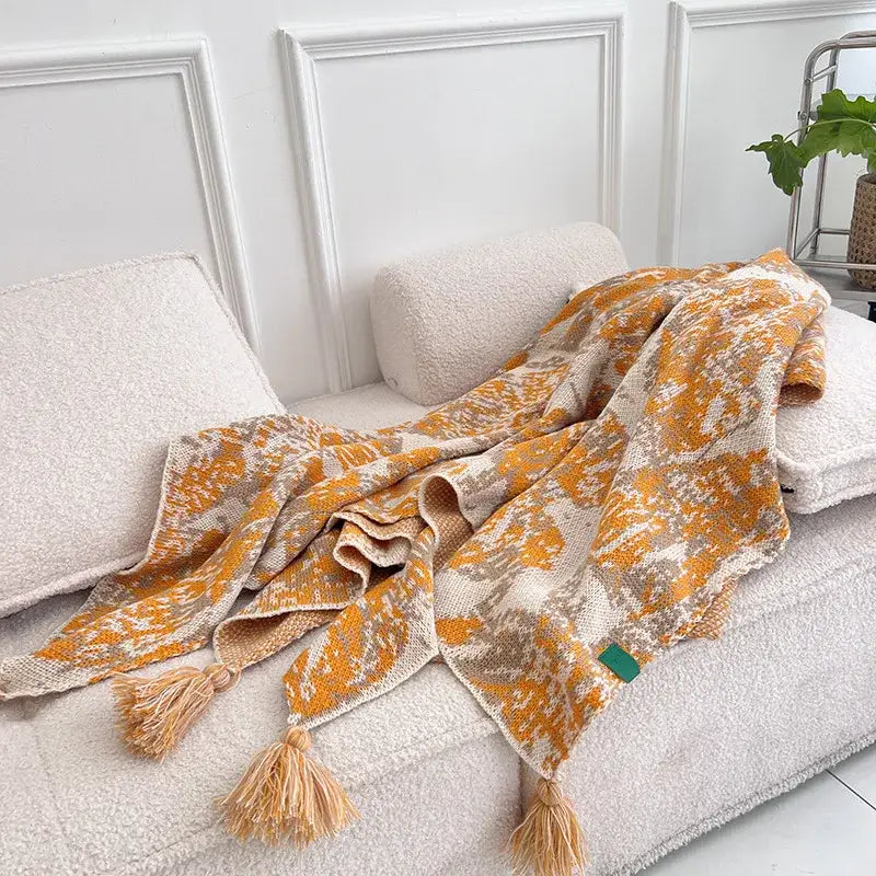 Bohemian knitted blanket earthy tones bedroom throw with tassels