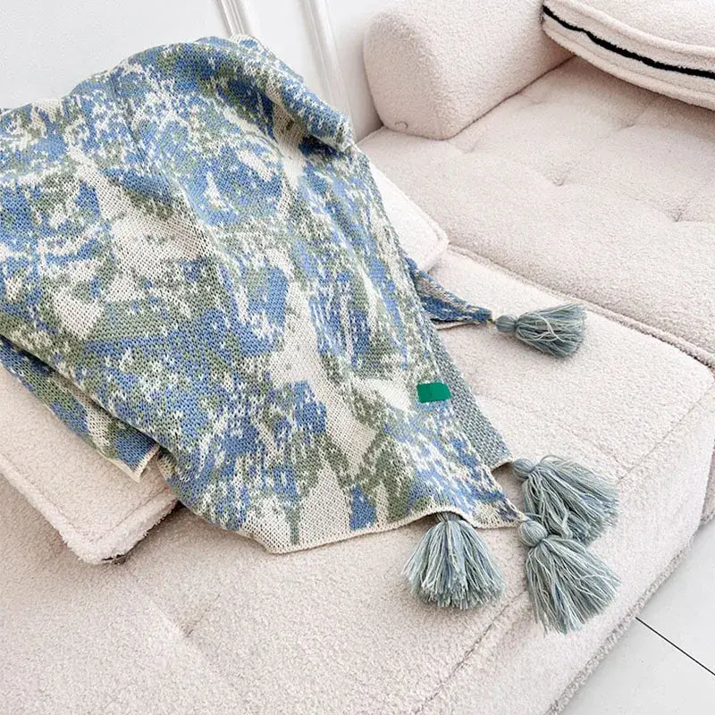 Bohemian knitted blanket earthy tones bedroom throw with tassels