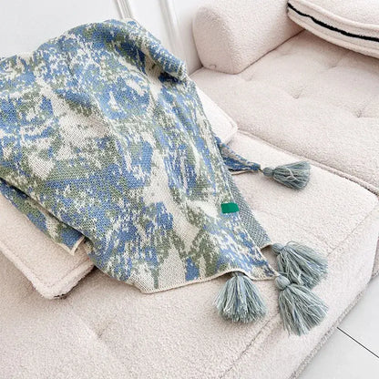 Bohemian knitted blanket earthy tones bedroom throw with tassels