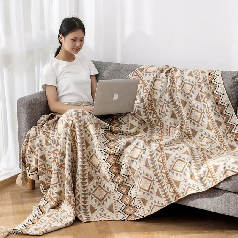 Bohemian knitted oat beige & brown tassel blanket bedroom throw