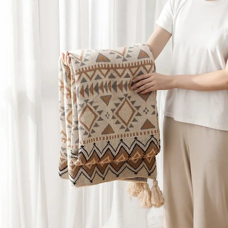 Bohemian knitted oat beige & brown tassel blanket bedroom throw
