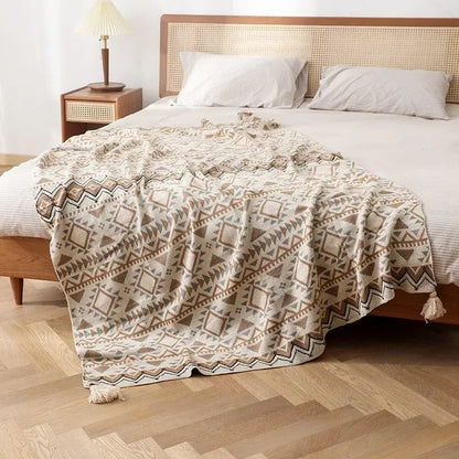 Bohemian knitted oat beige & brown tassel blanket bedroom throw