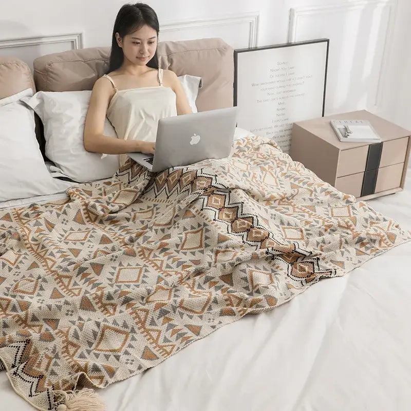 Bohemian knitted oat beige & brown tassel blanket bedroom throw