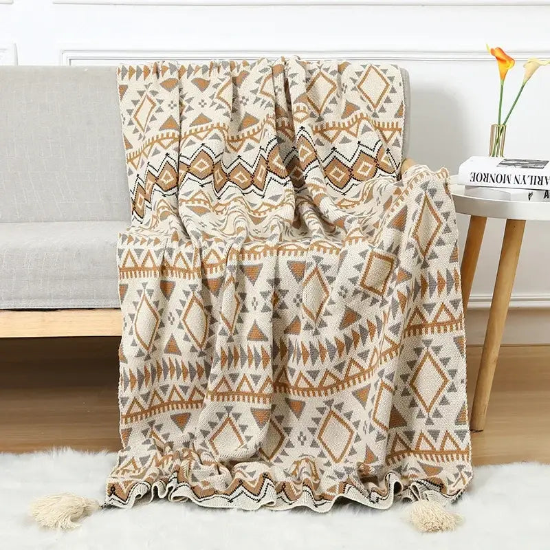 Bohemian knitted sofa blanket beige & brown bedroom throw decor