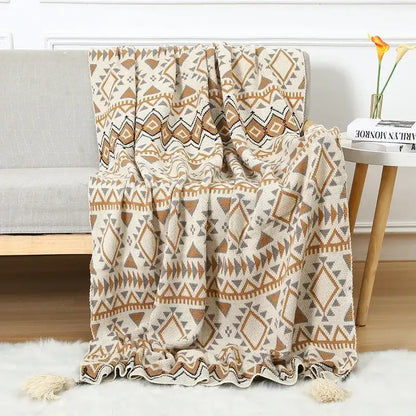 Bohemian knitted sofa blanket beige & brown bedroom throw decor