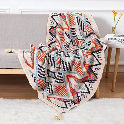 Bohemian knitted sofa blanket beige & brown bedroom throw decor