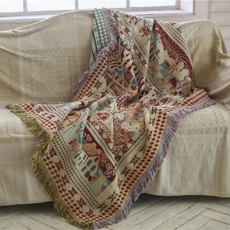 Bohemian knitted sofa cover – living room earth tone throw blanket
