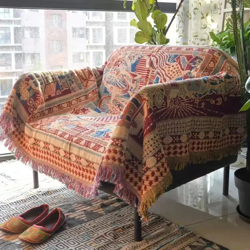 Bohemian knitted sofa cover – living room earth tone throw blanket