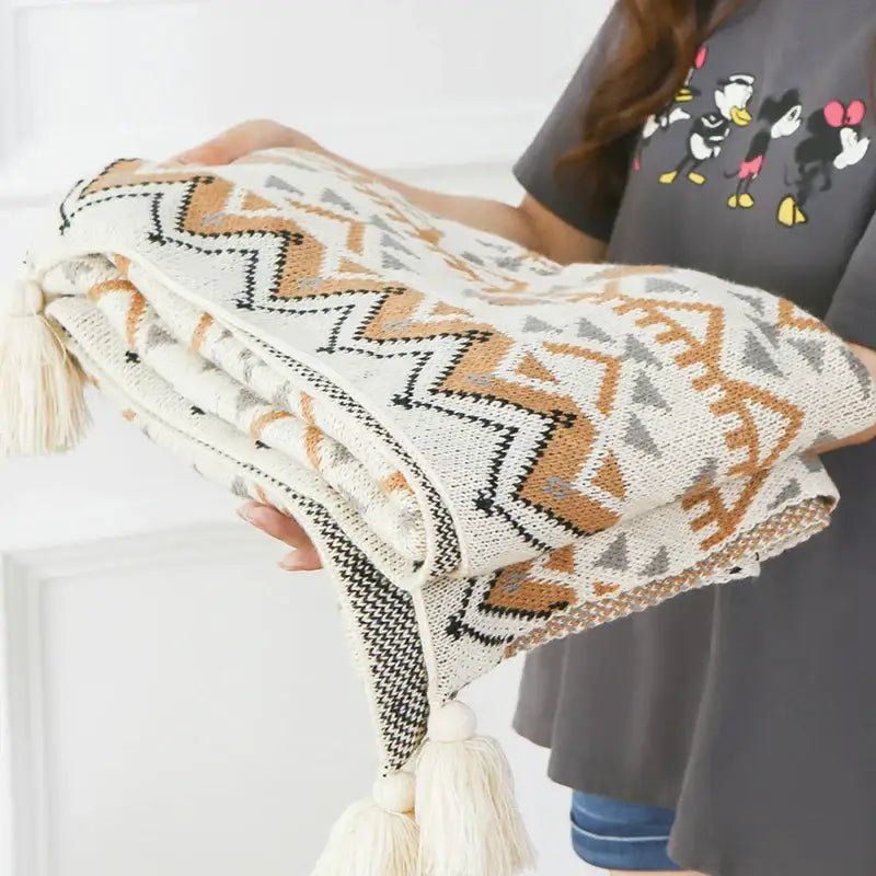 Bohemian knitted throw blanket cream geometric bedroom bedspread