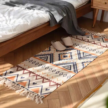 Bohemian linen plaid cotton weave rug orange & navy living room runner