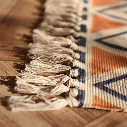 Bohemian linen plaid cotton weave rug orange & navy living room runner