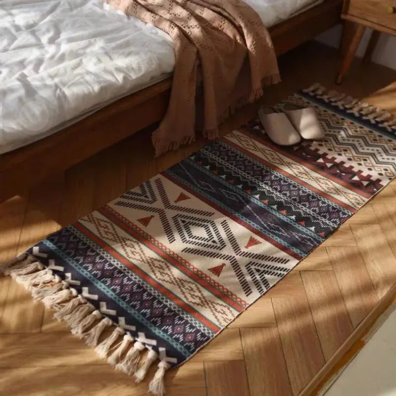 Bohemian linen plaid cotton weave rug orange & navy living room runner