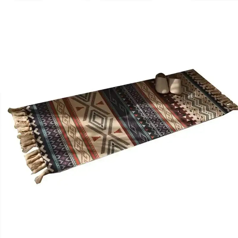 Bohemian linen plaid cotton weave rug orange & navy living room runner