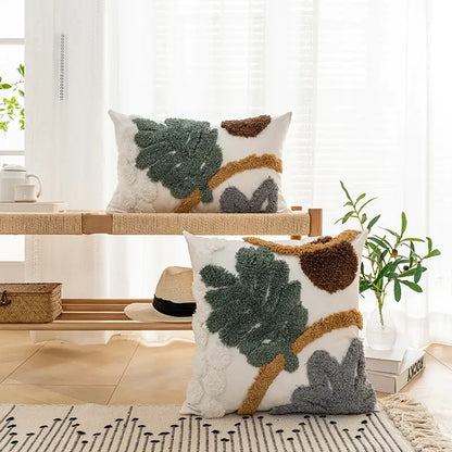Bohemian loop white plush cushion cover living room leaf decor