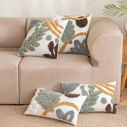 Bohemian loop white plush cushion cover living room leaf decor