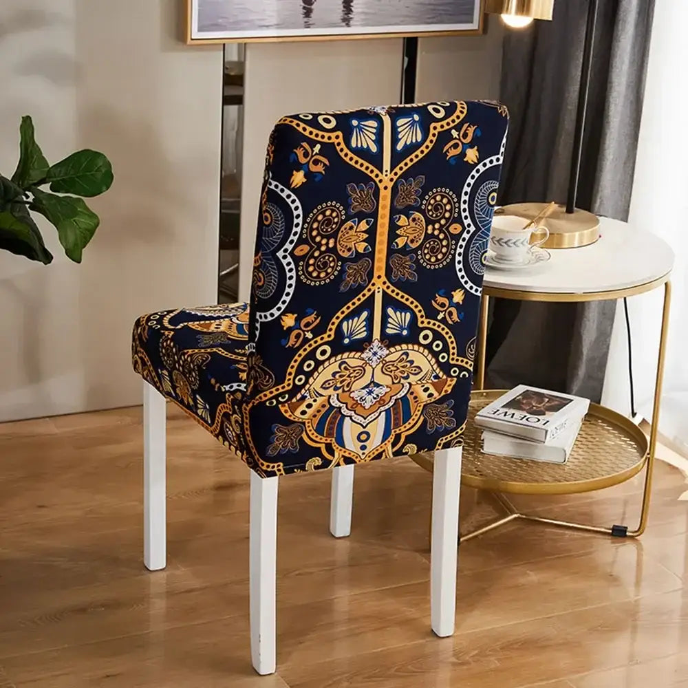 Bohemian mandala stretch chair cover navy & gold dining room slipcover