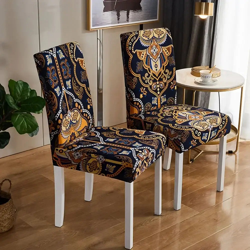 Bohemian mandala stretch chair cover navy & gold dining room slipcover