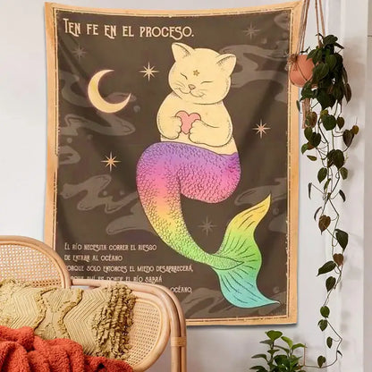 Bohemian moon cat wall art rainbow mermaid tapestry bedroom decor