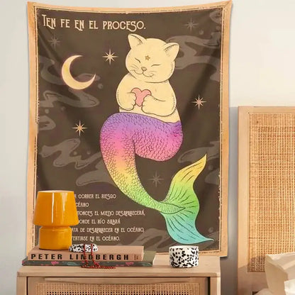 Bohemian moon cat wall art rainbow mermaid tapestry bedroom decor