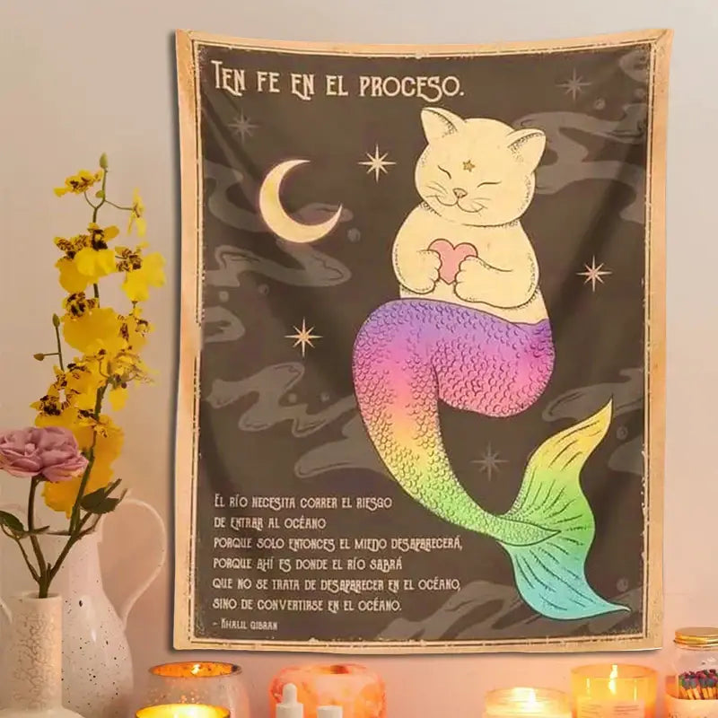 Bohemian moon cat wall art rainbow mermaid tapestry bedroom decor
