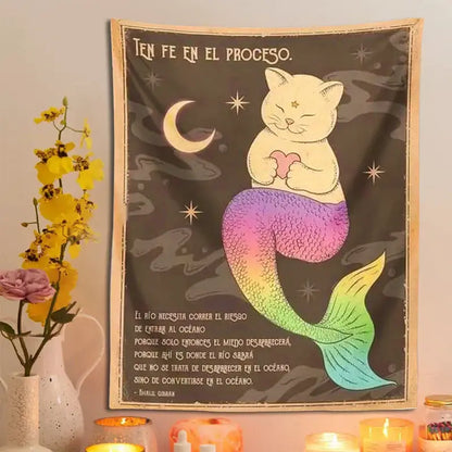 Bohemian moon cat wall art rainbow mermaid tapestry bedroom decor