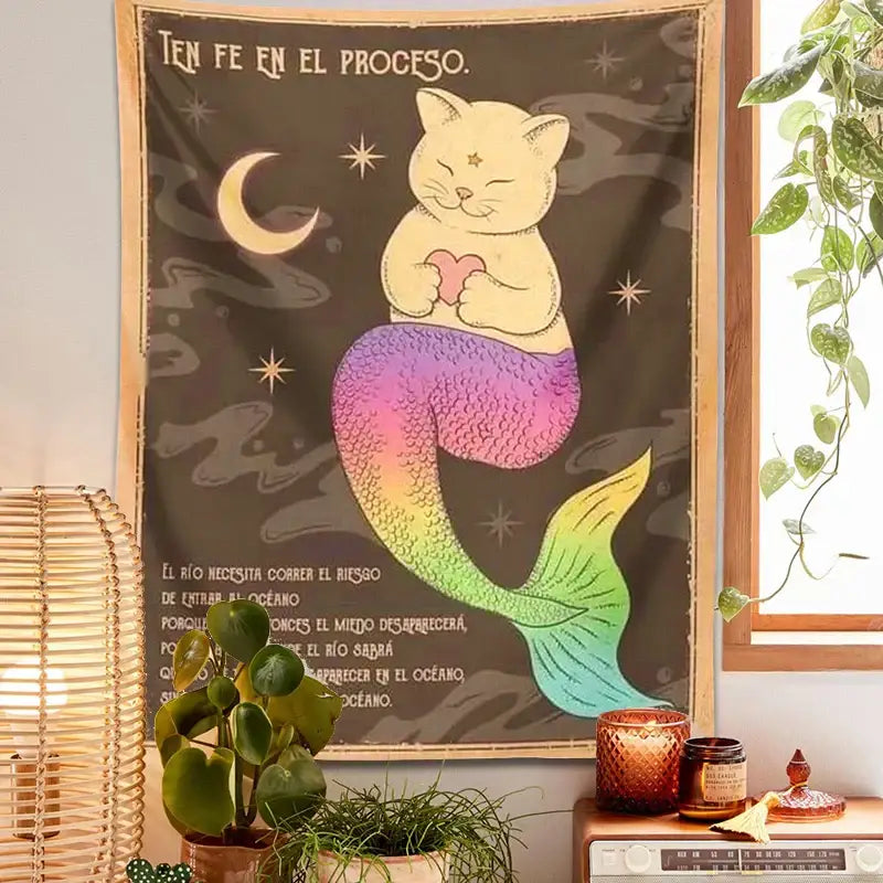 Bohemian moon cat wall art rainbow mermaid tapestry bedroom decor