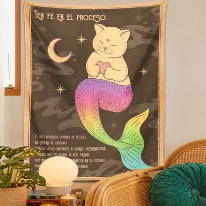 Bohemian moon cat wall art rainbow mermaid tapestry bedroom decor