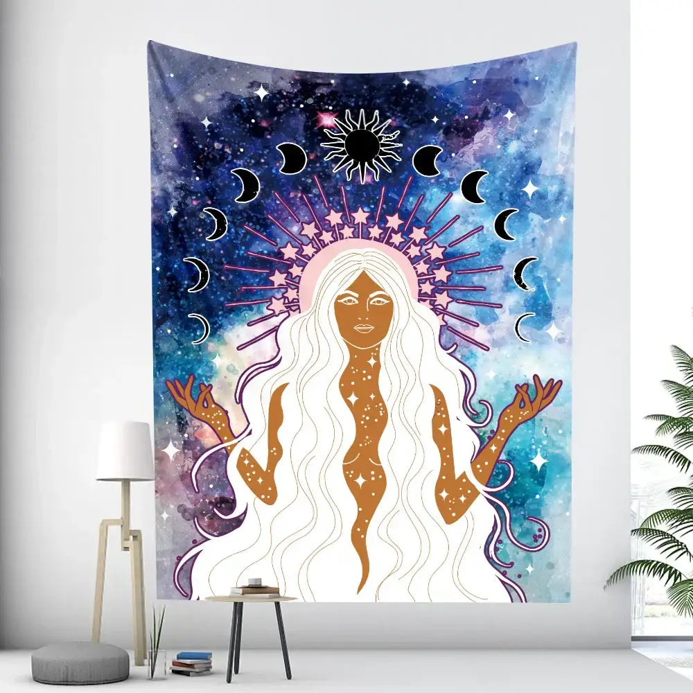 Bohemian moon tarot tapestry blue and purple bedroom wall art