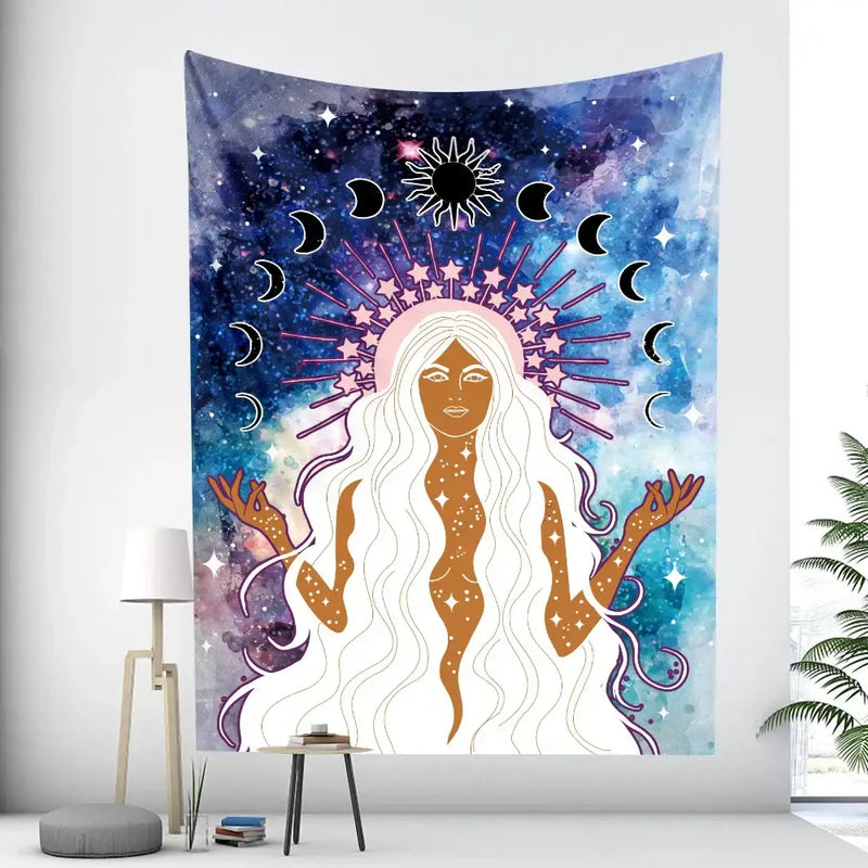 Bohemian moon tarot tapestry blue and purple bedroom wall art