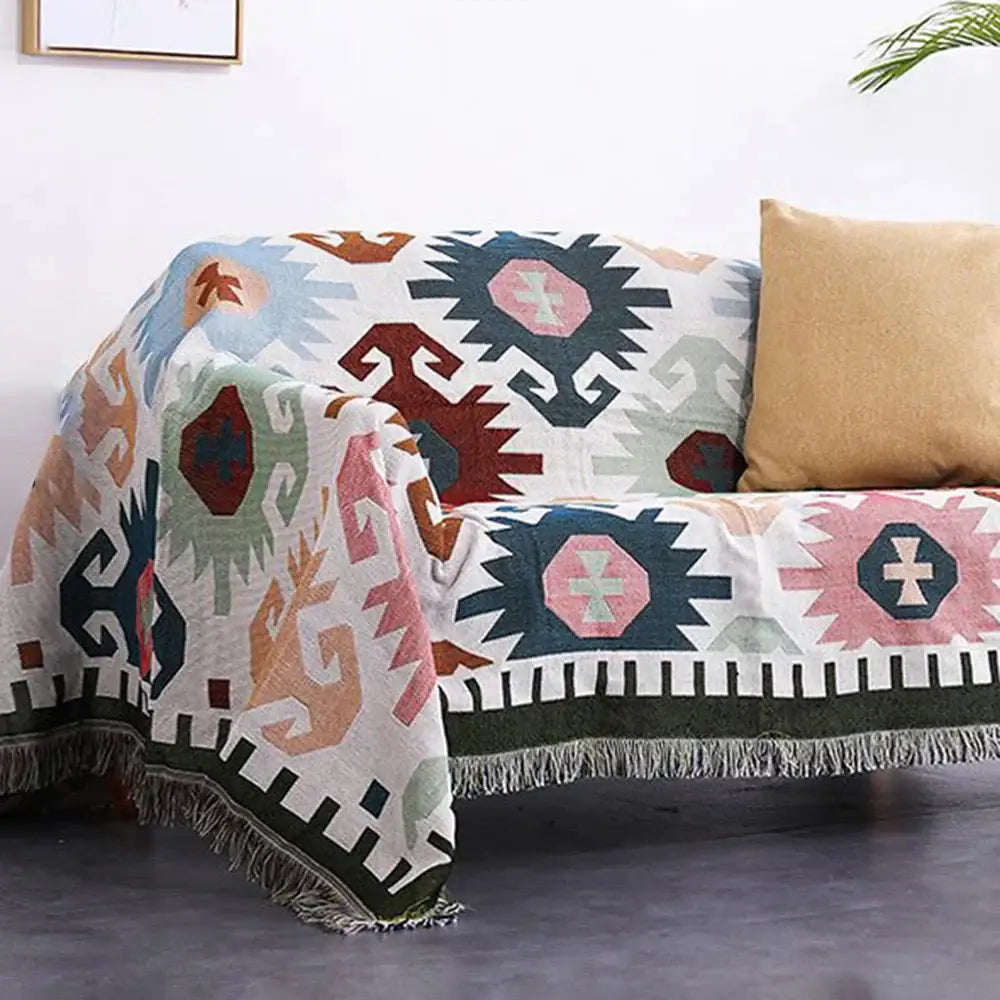 Bohemian multicolored geometric tassel sofa cover living room blanket