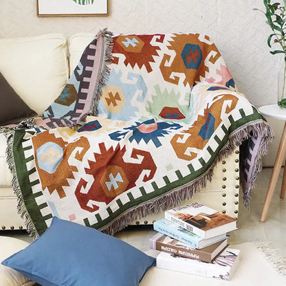 Bohemian multicolored geometric tassel sofa cover living room blanket