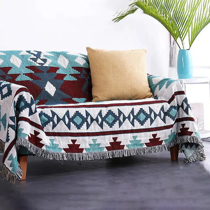 Bohemian multicolored geometric tassel sofa cover living room blanket
