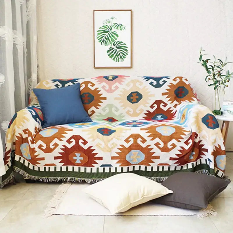 Bohemian multicolored geometric tassel sofa cover living room blanket