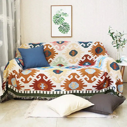 Bohemian multicolored geometric tassel sofa cover living room blanket