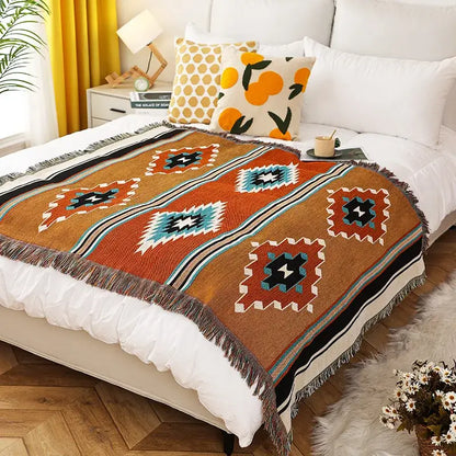 Bohemian orange geometric woven throw blanket bedroom decor
